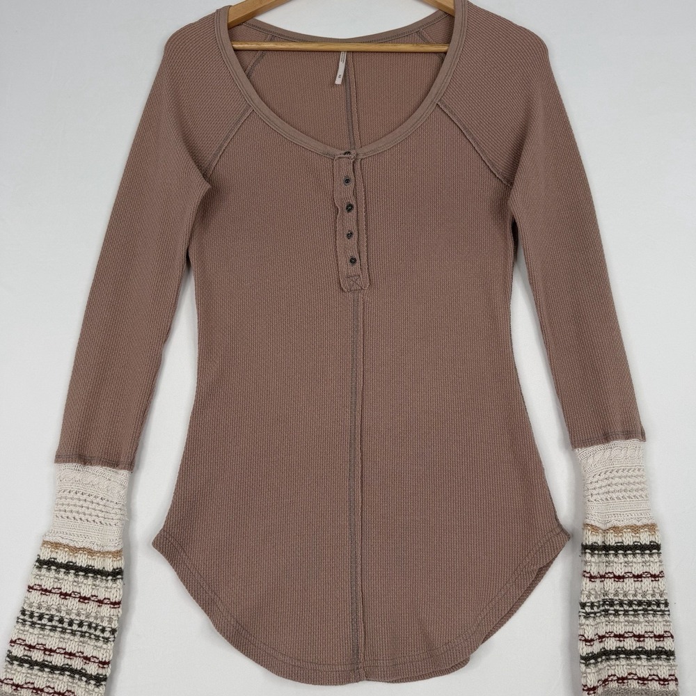 Free People Thermal Top Boho Cuff Detail Waffle Knit Long Sleeve Medium - Picture 4 of 14
